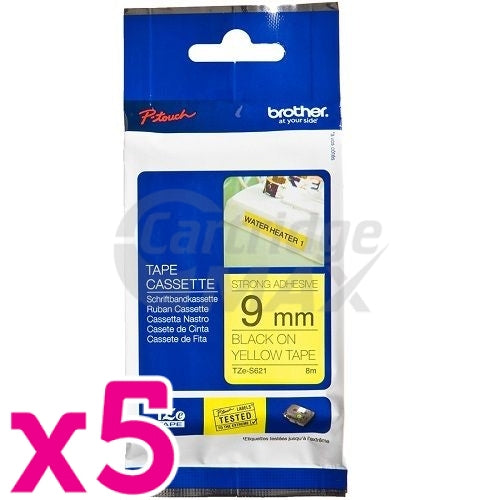 5 x Brother TZe-S621 Original 9mm Black Text on Yellow Strong Adhesive Laminated Tape - 8 metres