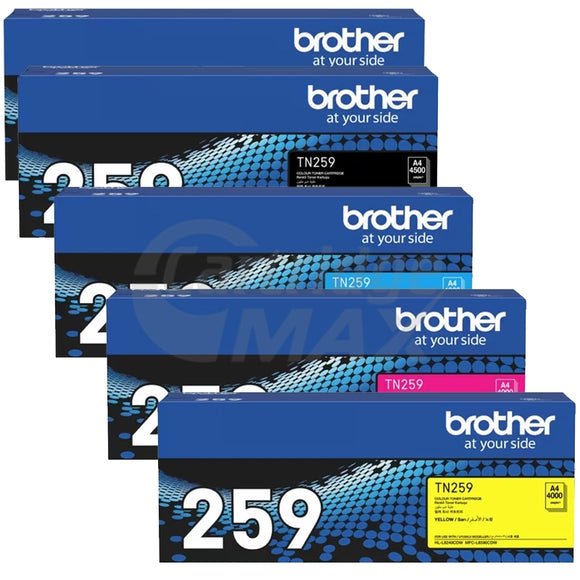 5 Pack Brother TN-259 Original Super High Yield Toner Cartridges Combo [2BK,1C,1M,1Y]