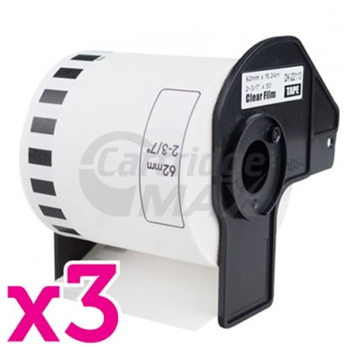 3 x Brother DK-22113 Generic Black Text on Clear Continuous Film Label Roll 62mm x 15.24m