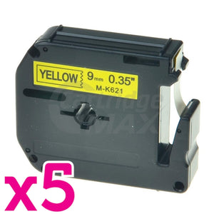 5 x Brother M-K621 Generic 9mm Black Text on Yellow Tape - 8 meters