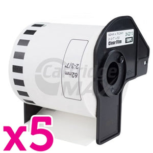 5 x Brother DK-22113 Generic Black Text on Clear Continuous Film Label Roll 62mm x 15.24m