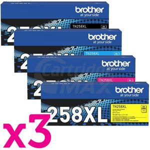 3 Sets of 4 Pack Brother TN-258XL Original High Yield Toner Cartridges Combo [3BK,3C,3M,3Y]