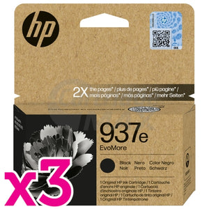 3 x HP 937e EvoMore Original Black Ink Cartridge 4S6W9NA - 2,500 Pages