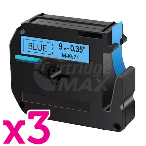 3 x Brother M-K521 Generic 9mm Black Text on Blue Tape - 8 meters