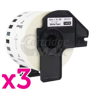 3 x Brother DK-22223 Generic Black Text on White Continuous Paper Label Roll 50mm x 30.48m