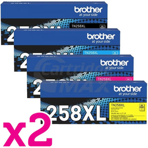 2 Sets of 4 Pack Brother TN-258XL Original High Yield Toner Cartridges Combo [2BK,2C,2M,2Y]