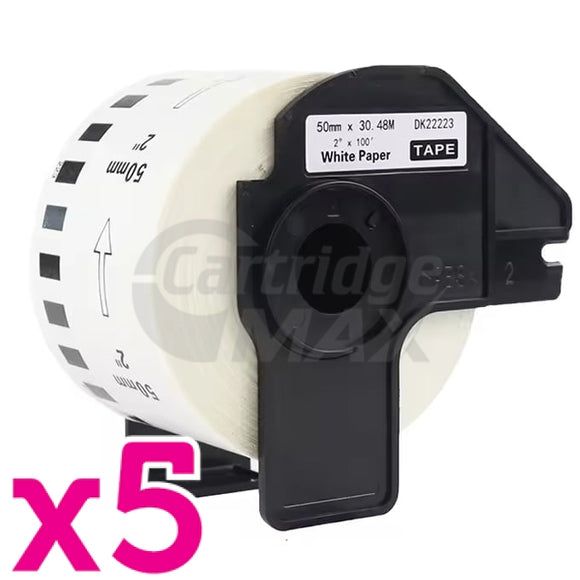 5 x Brother DK-22223 Generic Black Text on White Continuous Paper Label Roll 50mm x 30.48m