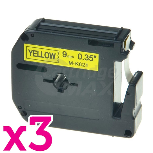 3 x Brother M-K621 Generic 9mm Black Text on Yellow Tape - 8 meters