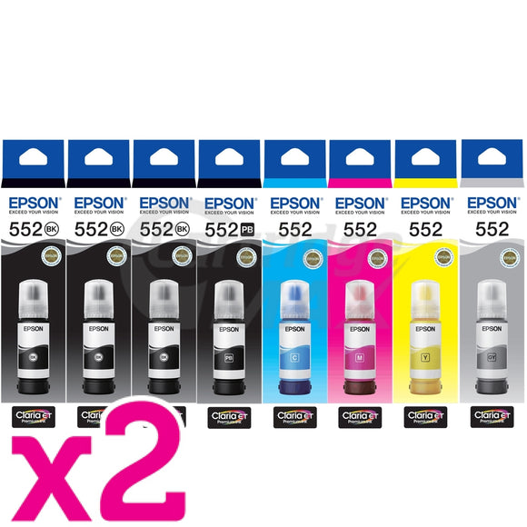 16-Pack Original Epson T552 Claria EcoTank Ink Bottle Combo [6BK,2PBK,2C,2M,2Y,2GY]