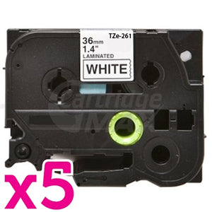 5 x Brother TZe-261 Generic 36mm Black Text on White Laminated Tape - 8 meters