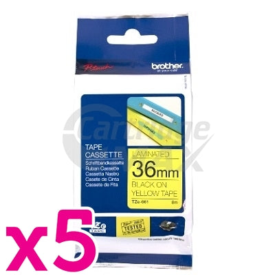 5 x Brother TZe-S661 Original 36mm Black Text on Yellow Strong Adhesive Laminated Tape - 8 metres