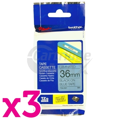 3 x Brother TZe-561 Original 36mm Black Text on Blue Laminated Tape - 8 metres