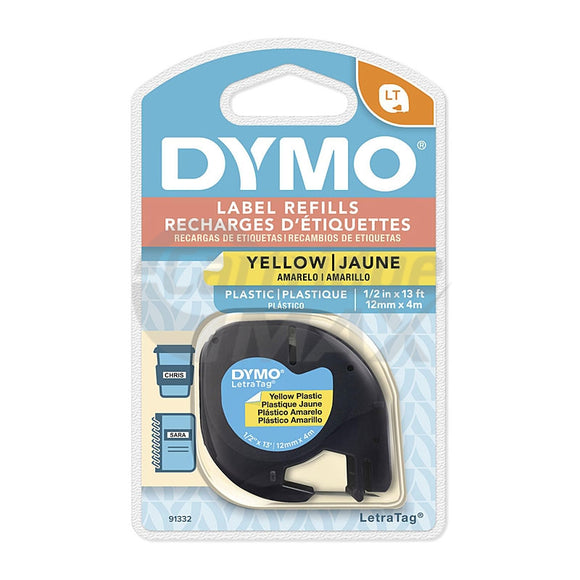 Dymo 91332 Original 12mm x 4m Black On Yellow LetraTag Plastic Tape