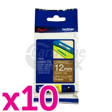 10 x Brother TZe-MQ835 Original 12mm White On Satin Gold Laminated Tape - 5 metres