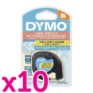 10 x Dymo 91332 Original 12mm x 4m Black On Yellow LetraTag Plastic Tape