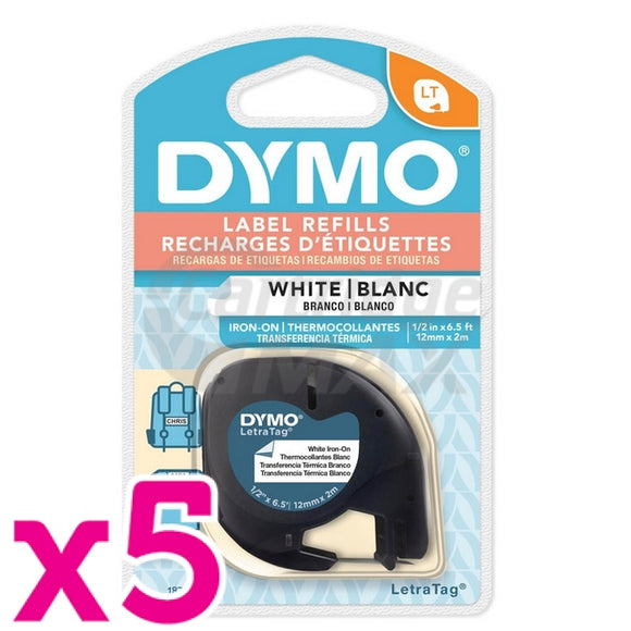 5 x Dymo 18771 Original 12mm x 2m Black on White LetraTag Label Iron-On Fabric Tape