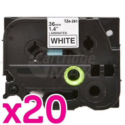 20 x Brother TZe-261 Generic 36mm Black Text on White Laminated Tape - 8 meters