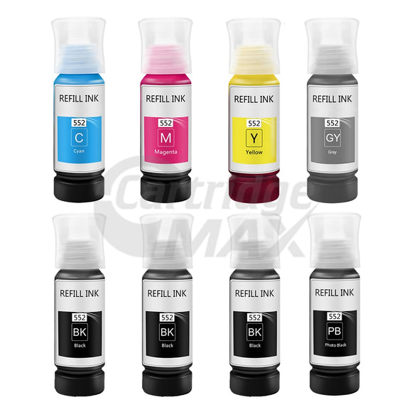 8-Pack Generic Epson T552 EcoTank Ink Bottle Combo [3BK,1PBK,1C,1M,1Y,1GY]