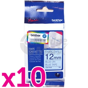 10 x Brother TZe-FA53 Original 12mm Blue Text on Blue Fabric Tape - 3 meters