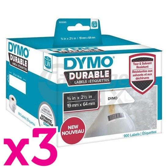 3 x Dymo 1933085 Original Durable Industrial White Label Roll 19mm x 64mm - 900 labels per pack