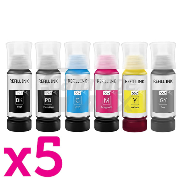 30-Pack Generic Epson T552 EcoTank Ink Bottle Combo [5BK,5PBK,5C,5M,5Y,5GY]