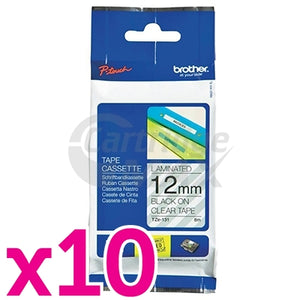 10 x Brother TZe-131 Original 12mm Black Text on Clear Laminated Tape - 8 meters