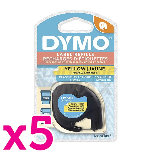 5 x Dymo 91332 Original 12mm x 4m Black On Yellow LetraTag Plastic Tape