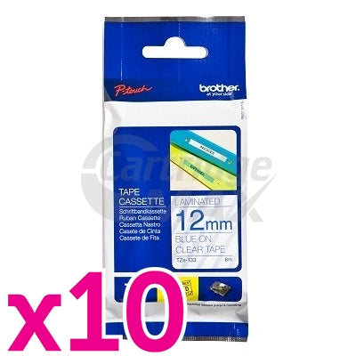 10 x Brother TZe-133 Original 12mm Blue Text on Clear Laminated Tape - 8 meters