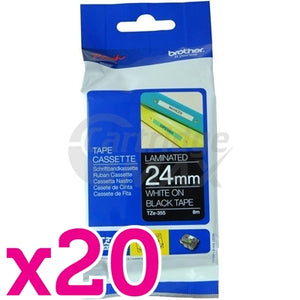 20 x Brother TZe-355 Original 24mm White Text on Black Laminated Tape - 8 metres