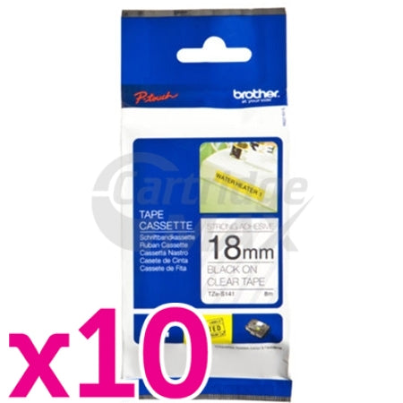 10 x Brother TZe-S141 Original 18mm Black Text on Clear Strong Adhesive Laminated Tape - 8 metres