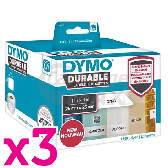 3 x Dymo 1933083 Original Durable Industrial White Label Roll 25mm x 25mm - 1700 labels per pack