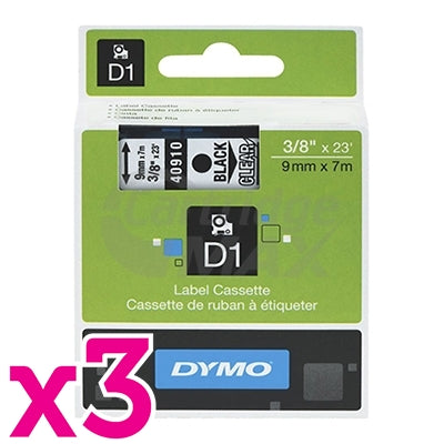 3 x Dymo SD40910 / S0720670 Original 9mm Black Text on Clear Label Cassette - 7 meters