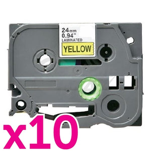 10 x Brother TZe-651 Generic 24mm Black Text on Yellow Laminated Tape - 8 meters