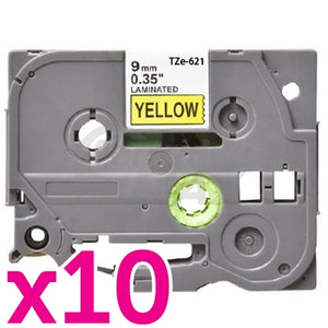 10 x Brother TZe-621 Generic 9mm Black Text on Yellow Laminated Tape - 8 meters