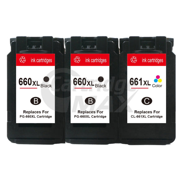 3-Pack Canon PG-660XL CL-661XL Generic High Yield Ink Cartridges Combo [2Black + 1Colour]