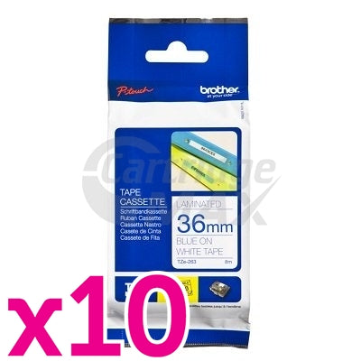 10 x Brother TZe-263 Original 36mm Blue Text on White Laminated Tape - 8 meters