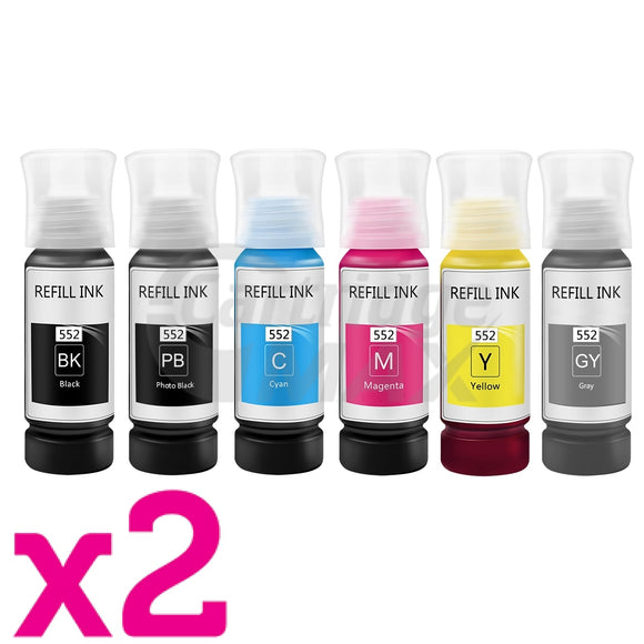 12-Pack Generic Epson T552 EcoTank Ink Bottle Combo [2BK,2PBK,2C,2M,2Y,2GY]