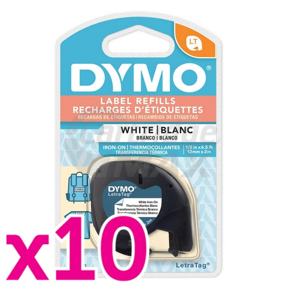 10 x Dymo 18771 Original 12mm x 2m Black on White LetraTag Label Iron-On Fabric Tape