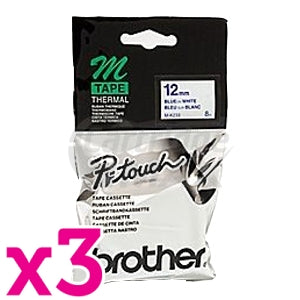 3 x Brother M-K233 Original 12mm Blue Text on White Tape - 8 meters