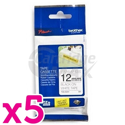 5 x Brother TZe-S231 Original 12mm Black Text on White Strong Adhesive Laminated Tape - 8 metres