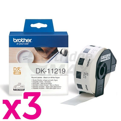 3 x Brother DK-11219 Original Black Text on White 12mm Diameter Die-Cut Round Paper Label Roll - 1200 labels per roll