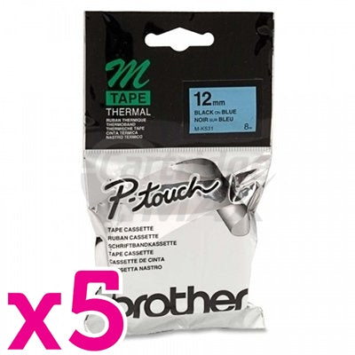 5 x Brother M-K531 Original 12mm Black Text on Blue Tape - 8 meters