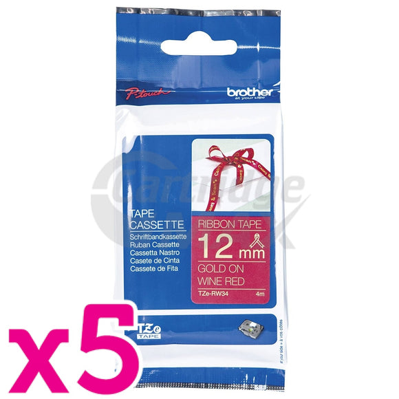 5 x Brother TZe-RW34 Original 12mm Gold Text on Wine Red Ribbon Tape - 4 metres