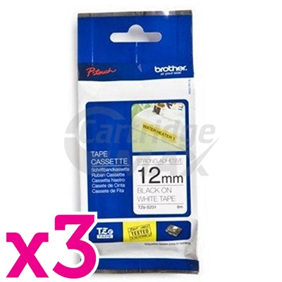 3 x Brother TZe-S231 Original 12mm Black Text on White Strong Adhesive Laminated Tape - 8 metres