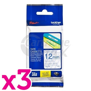 3 x Brother TZe-133 Original 12mm Blue Text on Clear Laminated Tape - 8 meters