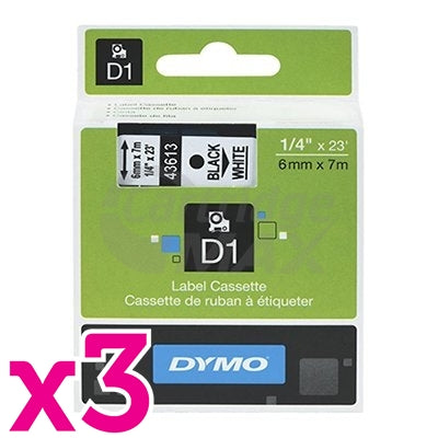 3 x Dymo SD43613 / S0720780 Original 6mm Black Text on White Label Cassette - 7 meters