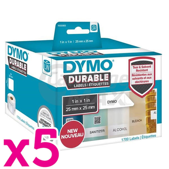 5 x Dymo 1933083 Original Durable Industrial White Label Roll 25mm x 25mm - 1700 labels per pack