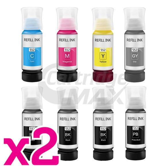 16-Pack Generic Epson T552 EcoTank Ink Bottle Combo [6BK,2PBK,2C,2M,2Y,2GY]