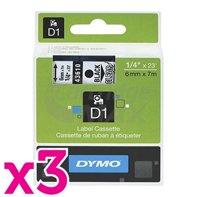 3 x Dymo SD43610 / S0720770 Original 6mm Black Text on Clear Label Cassette - 7 meters