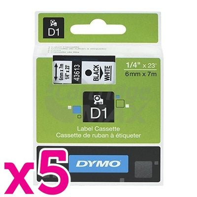 5 x Dymo SD43613 / S0720780 Original 6mm Black Text on White Label Cassette - 7 meters